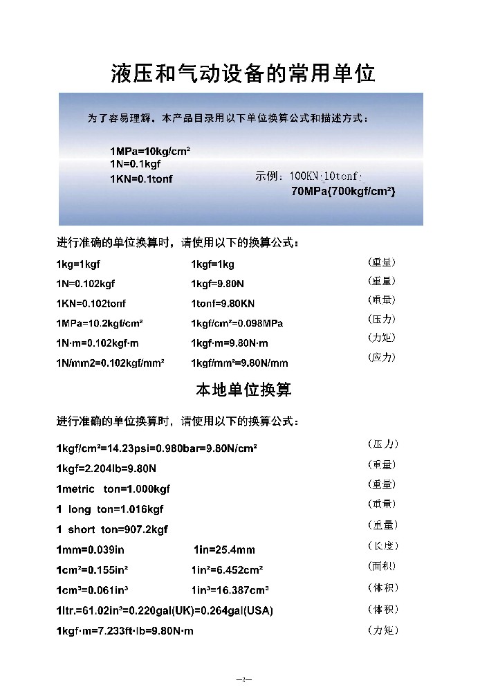 液压和气动设备的常用单位